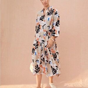 MASAI Copenhagen Tan and White Nanetti Shirt Dress w/ 3/4 Sleeve Sz S
